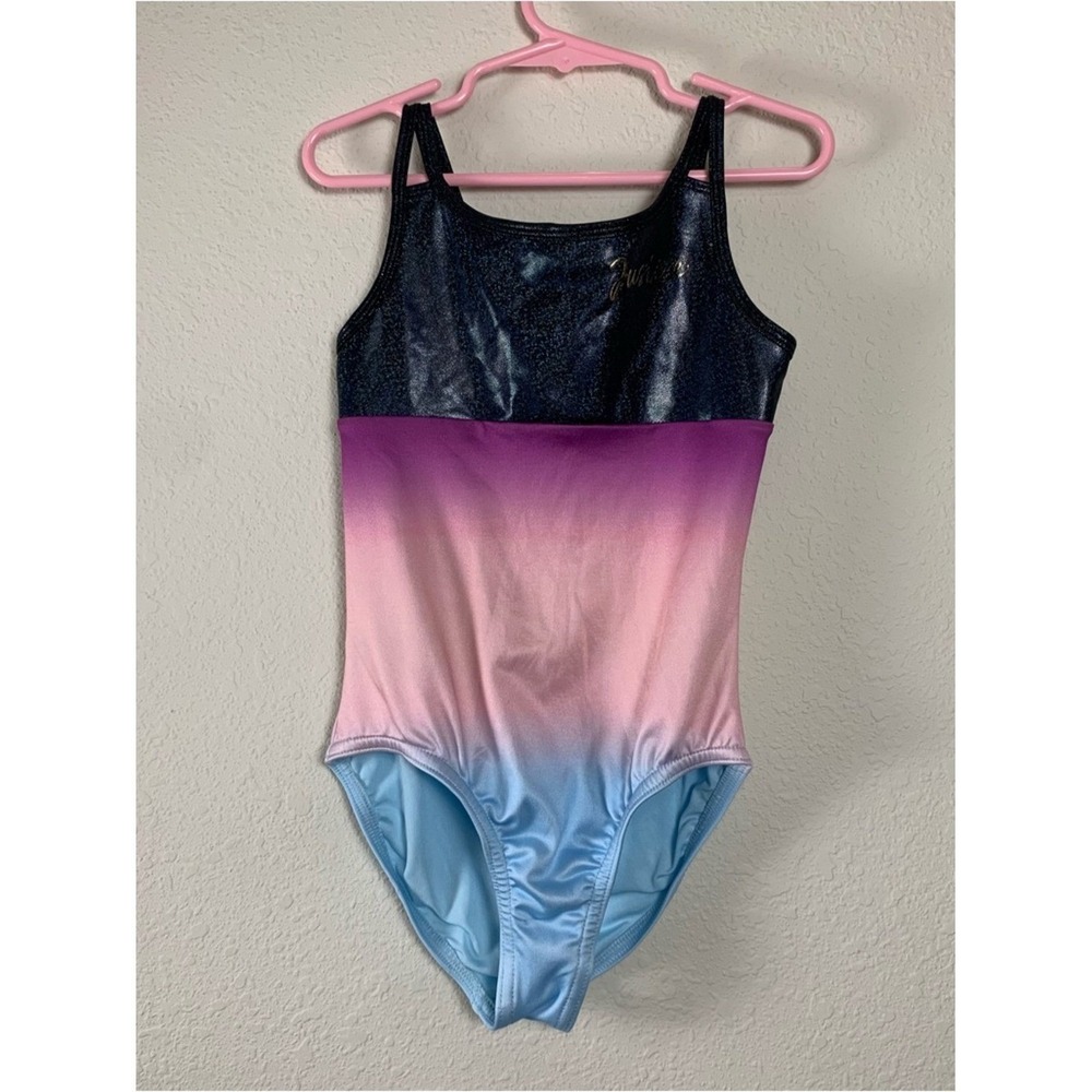 Justice Girls Leotard Purple, Pink & Lt Blue Ombre 7/8 Macrame Gymnastics Dance